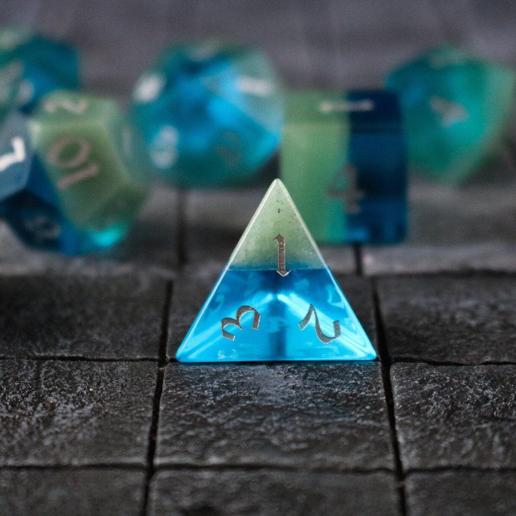 Synthetic Gemstone Two Tone Blue/Green Hand Carved DND Dice Set | Gemstone Dice | Wiccan Center