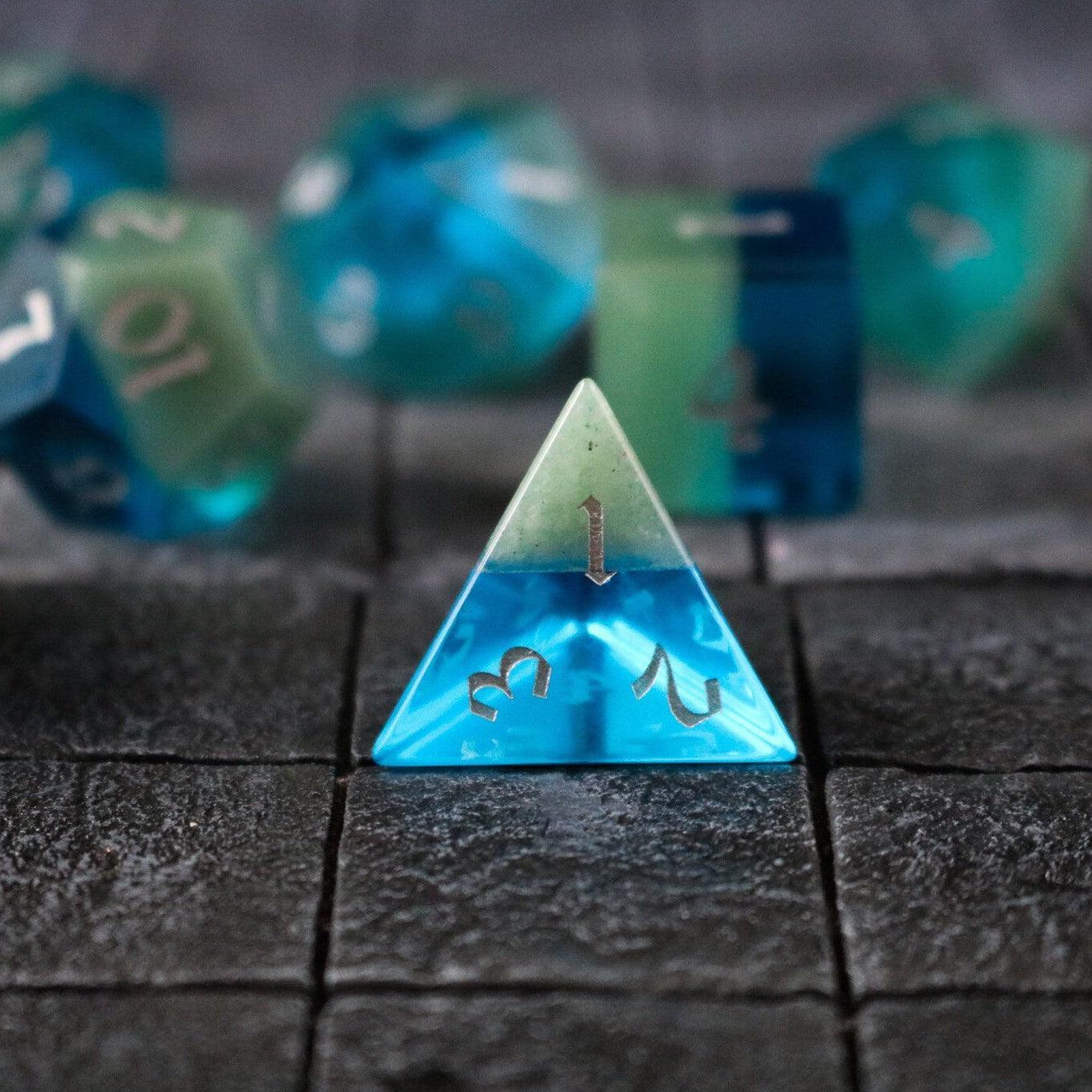 Synthetic Gemstone Two Tone Blue/Green Hand Carved DND Dice Set | Gemstone Dice | Wiccan Center