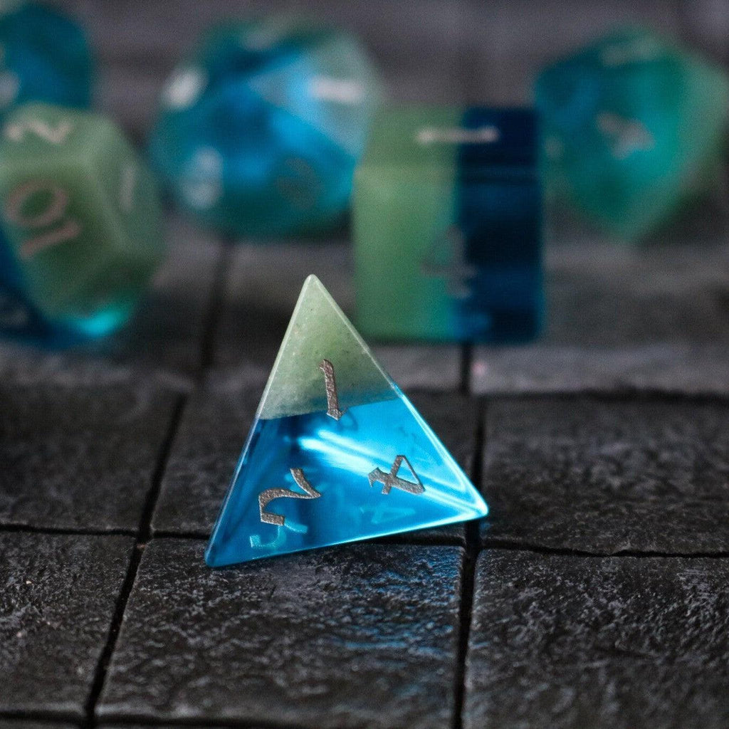 Synthetic Gemstone Two Tone Blue/Green Hand Carved DND Dice Set | Gemstone Dice | Wiccan Center