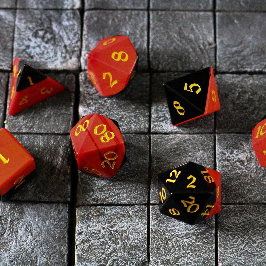 Synthetic Gemstone Two Tone Red/Black Hand Carved DND Dice Set | Gemstone Dice | Wiccan Center