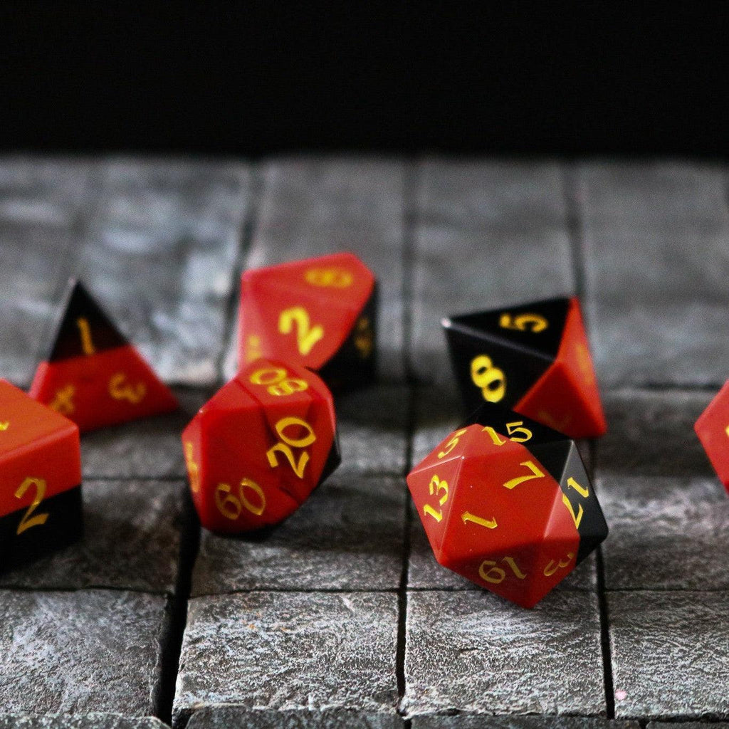 Synthetic Gemstone Two Tone Red/Black Hand Carved DND Dice Set | Gemstone Dice | Wiccan Center