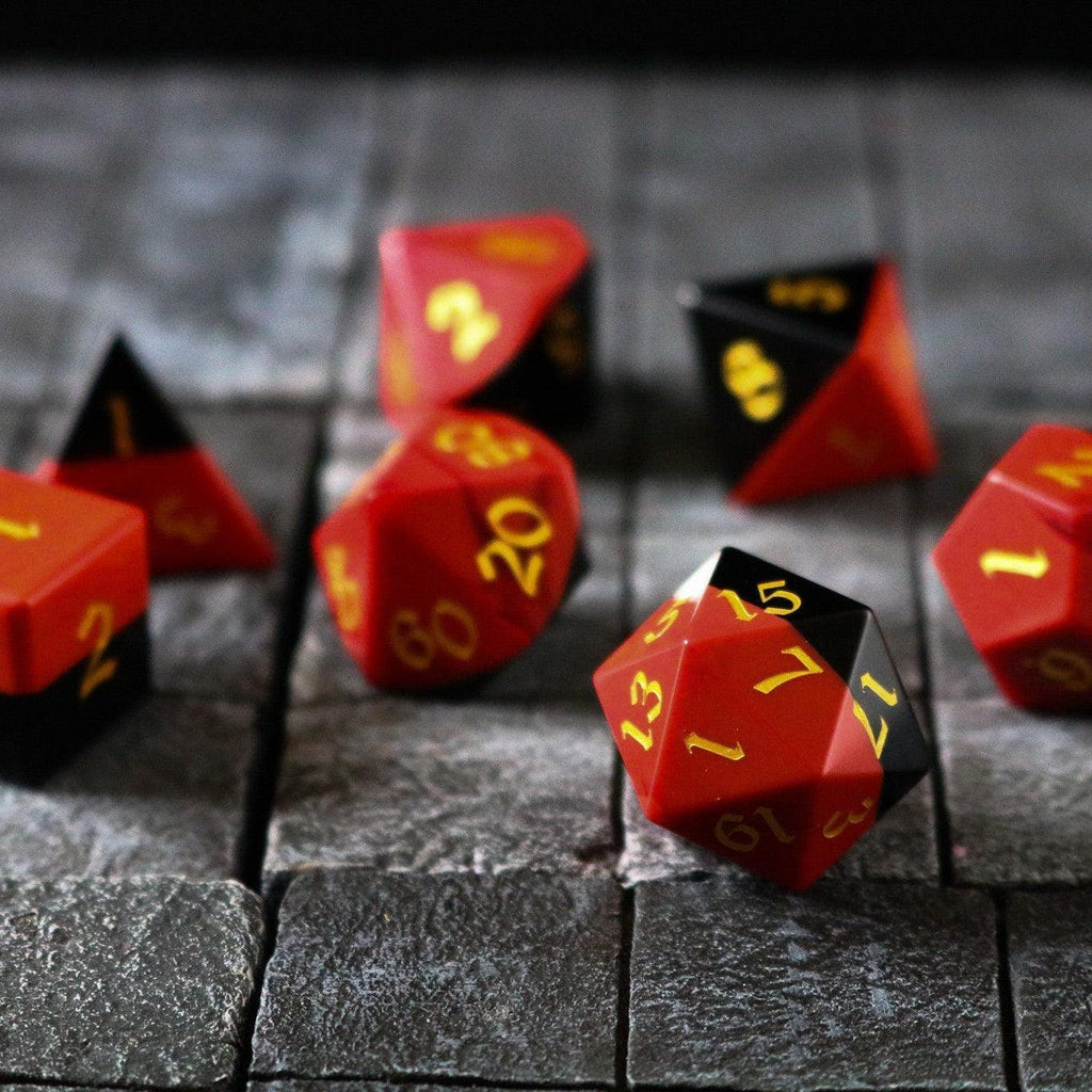 Synthetic Gemstone Two Tone Red/Black Hand Carved DND Dice Set | Gemstone Dice | Wiccan Center