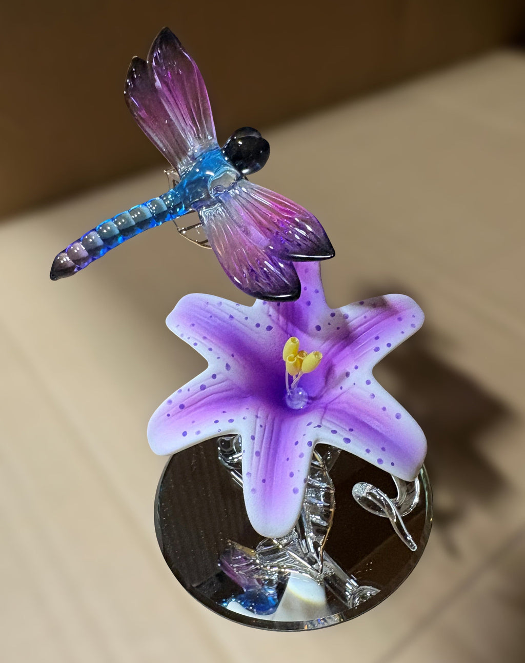 Glass Dragonfly with Lily Figurine