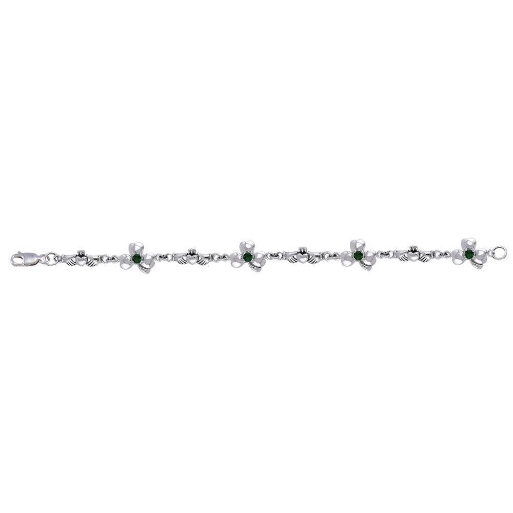 Celtic Irish Claddagh & Shamrock Sterling Silver Link Bracelet With Gems TBL085