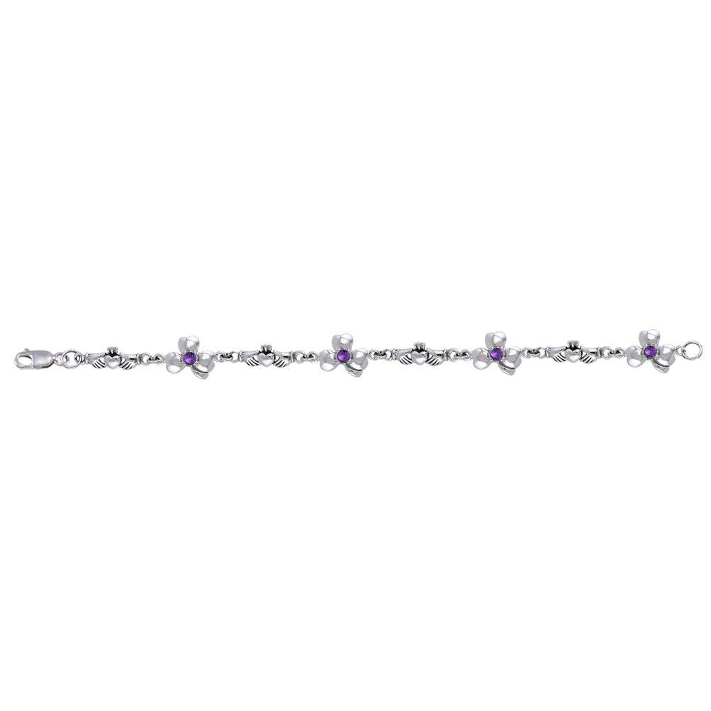Celtic Irish Claddagh & Shamrock Sterling Silver Link Bracelet With Gems TBL085