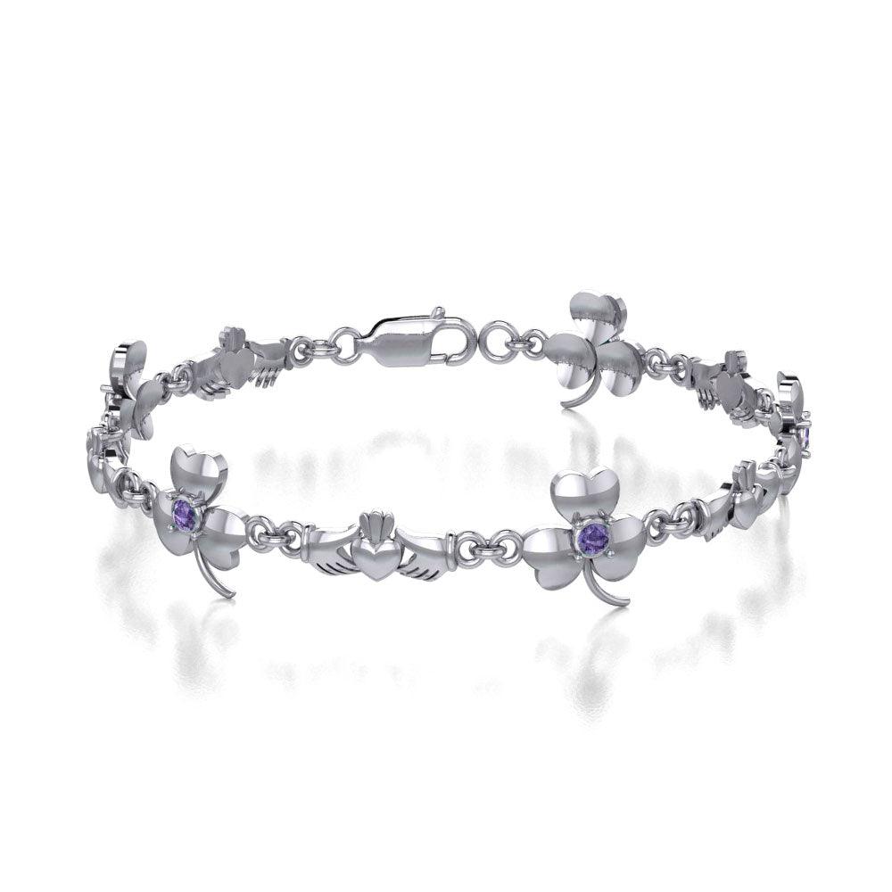 Celtic Irish Claddagh & Shamrock Sterling Silver Link Bracelet With Gems TBL085