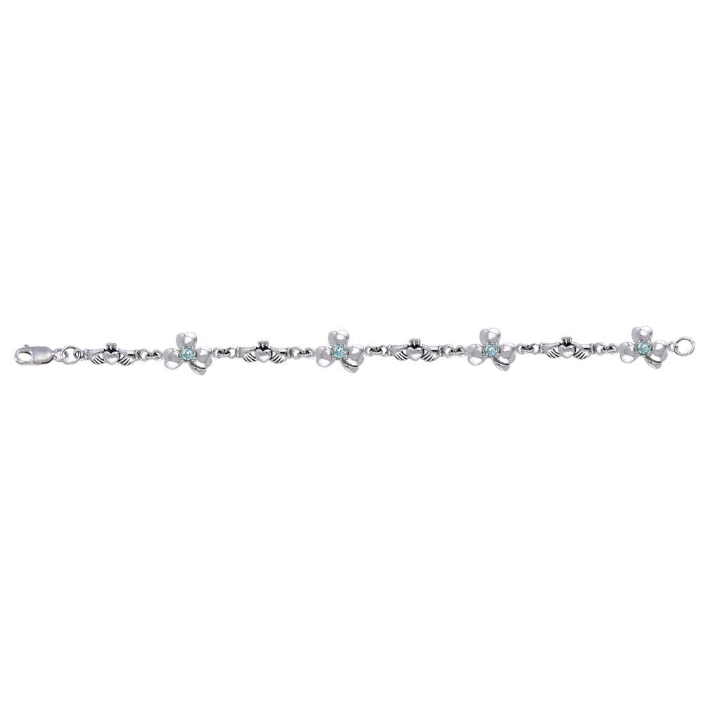 Celtic Irish Claddagh & Shamrock Sterling Silver Link Bracelet With Gems TBL085