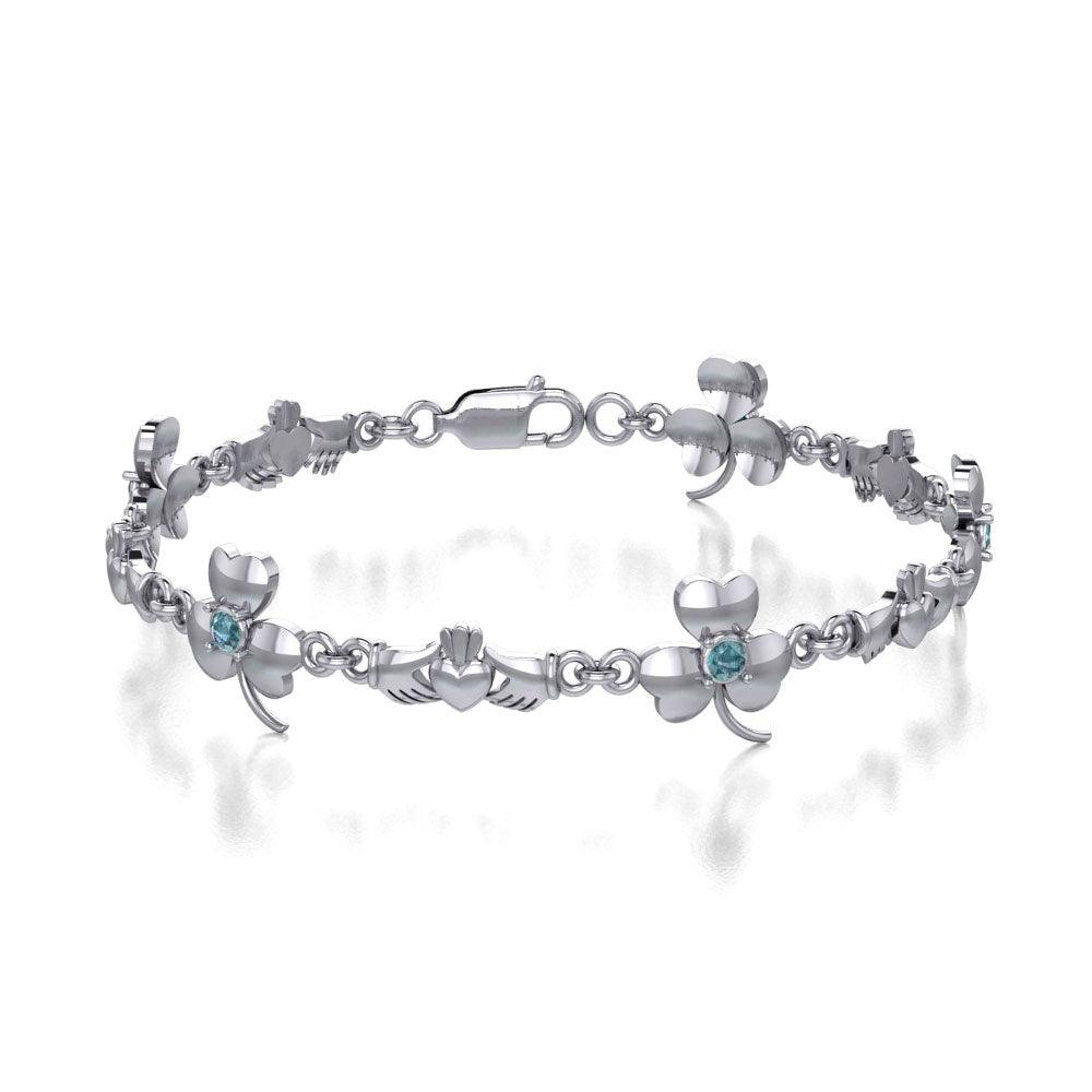 Celtic Irish Claddagh & Shamrock Sterling Silver Link Bracelet With Gems TBL085