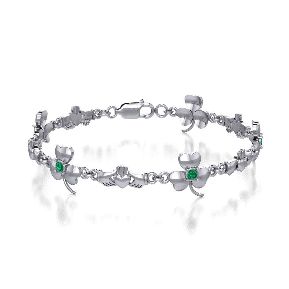 Celtic Irish Claddagh & Shamrock Sterling Silver Link Bracelet With Gems TBL085