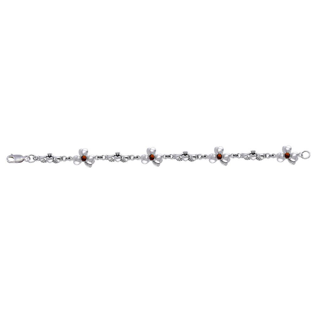 Celtic Irish Claddagh & Shamrock Sterling Silver Link Bracelet With Gems TBL085