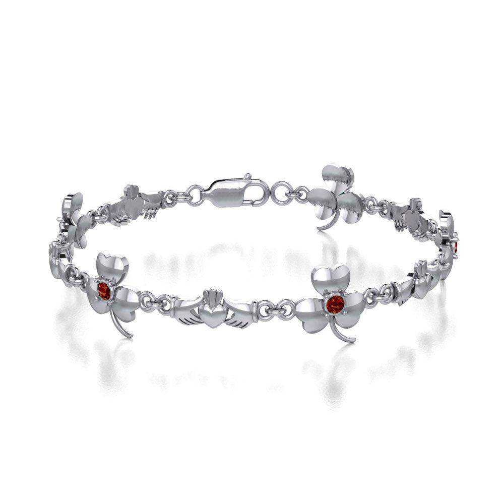 Celtic Irish Claddagh & Shamrock Sterling Silver Link Bracelet With Gems TBL085