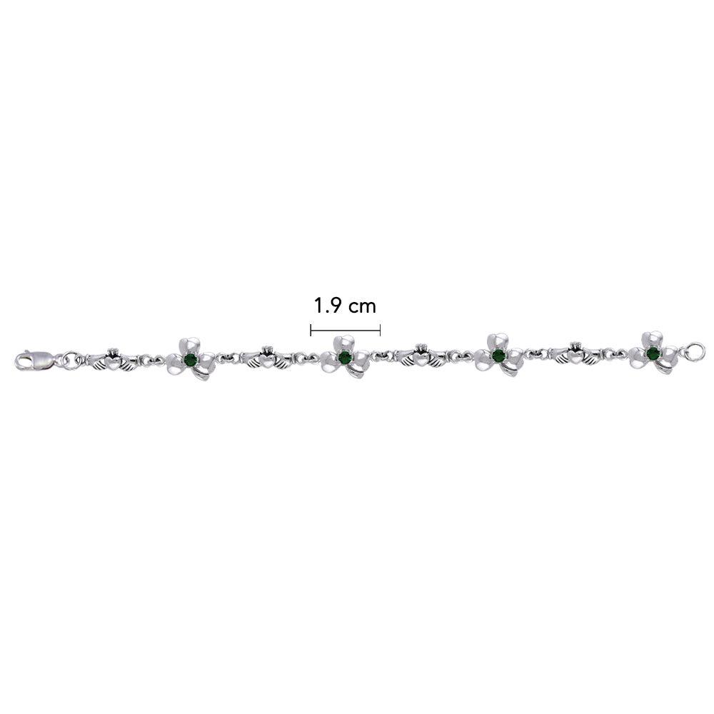 Celtic Irish Claddagh & Shamrock Sterling Silver Link Bracelet With Gems TBL085