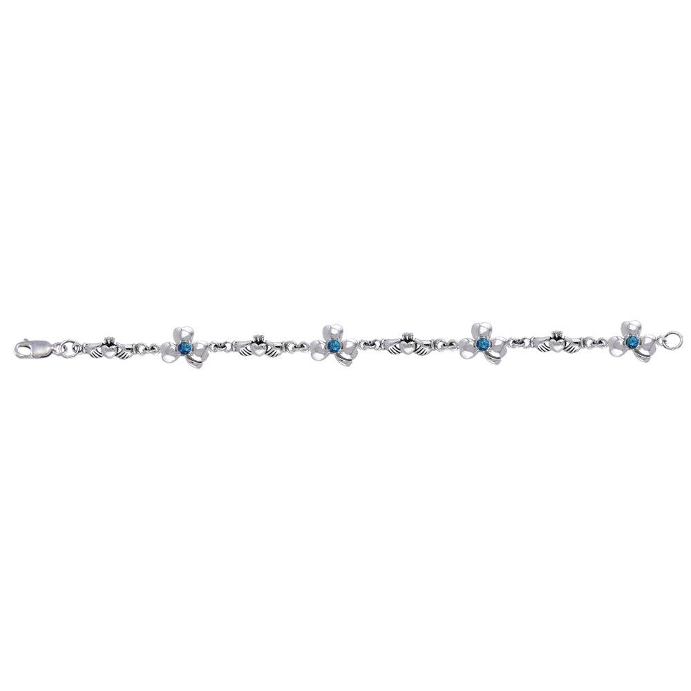 Celtic Irish Claddagh & Shamrock Sterling Silver Link Bracelet With Gems TBL085