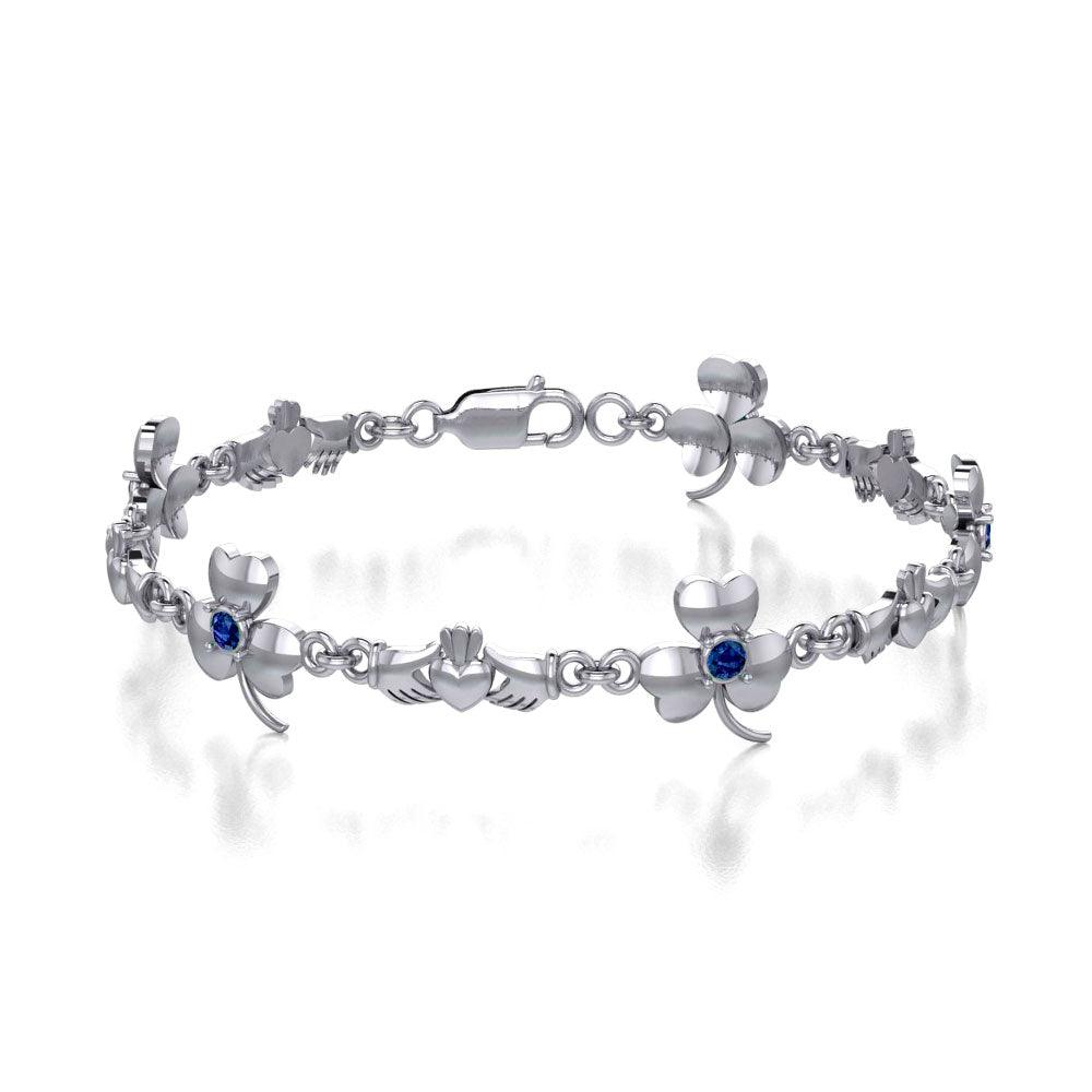 Celtic Irish Claddagh & Shamrock Sterling Silver Link Bracelet With Gems TBL085