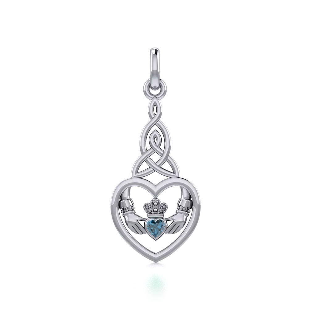 Heart Claddagh with Celtic Trinity Knot Silver Charm with Gemstone TCM667