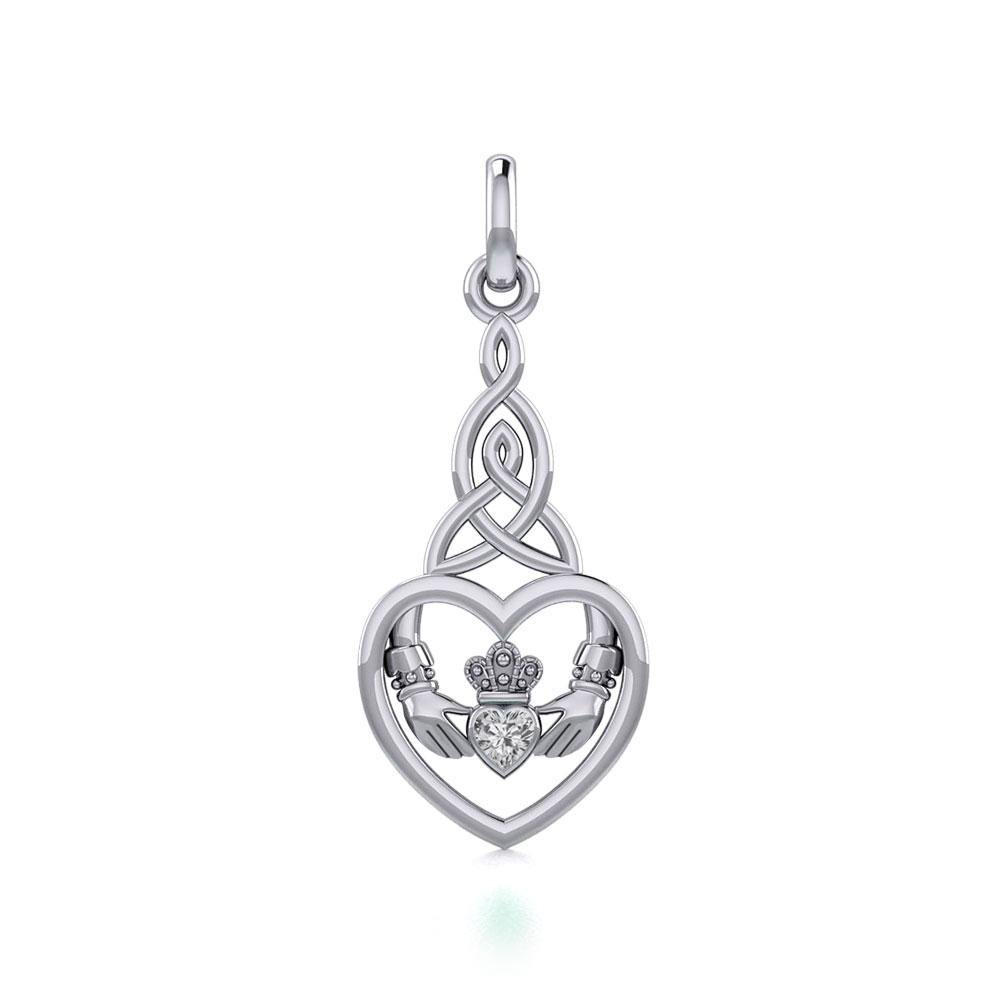 Heart Claddagh with Celtic Trinity Knot Silver Charm with Gemstone TCM667