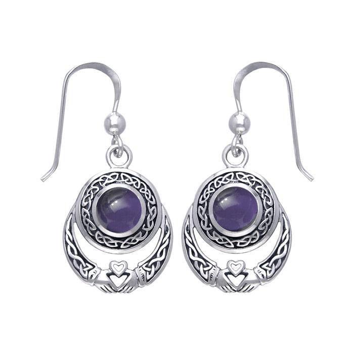 Celtic Knotwork Claddagh Sterling Silver Dangle Earrings with Gemstone TER070