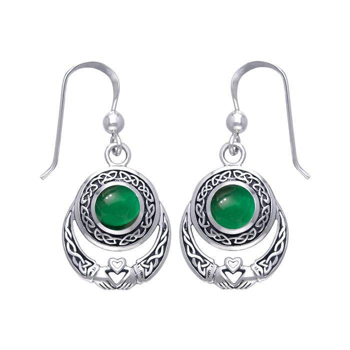 Celtic Knotwork Claddagh Sterling Silver Dangle Earrings with Gemstone TER070
