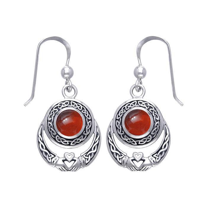 Celtic Knotwork Claddagh Sterling Silver Dangle Earrings with Gemstone TER070