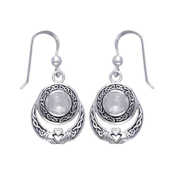 Celtic Knotwork Claddagh Sterling Silver Dangle Earrings with Gemstone TER070