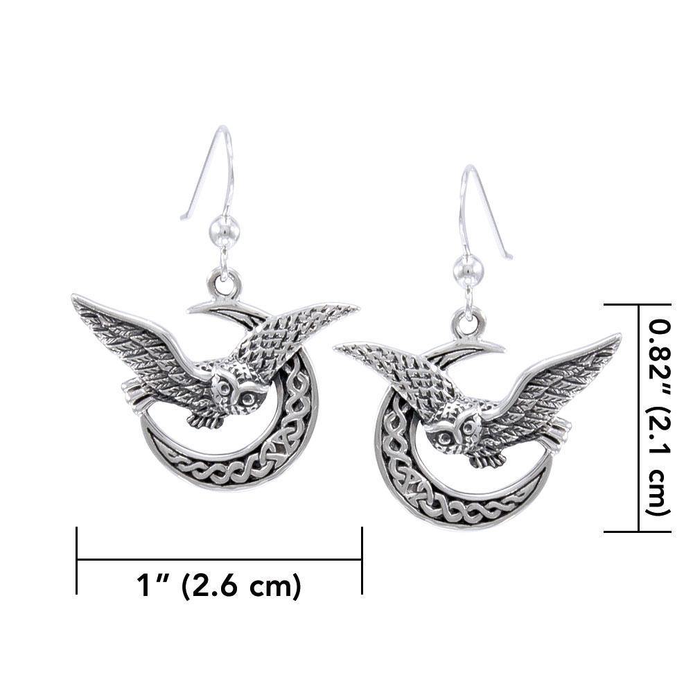 Owl Flying on Celtic Crescent Moon Silver Earrings TER1489