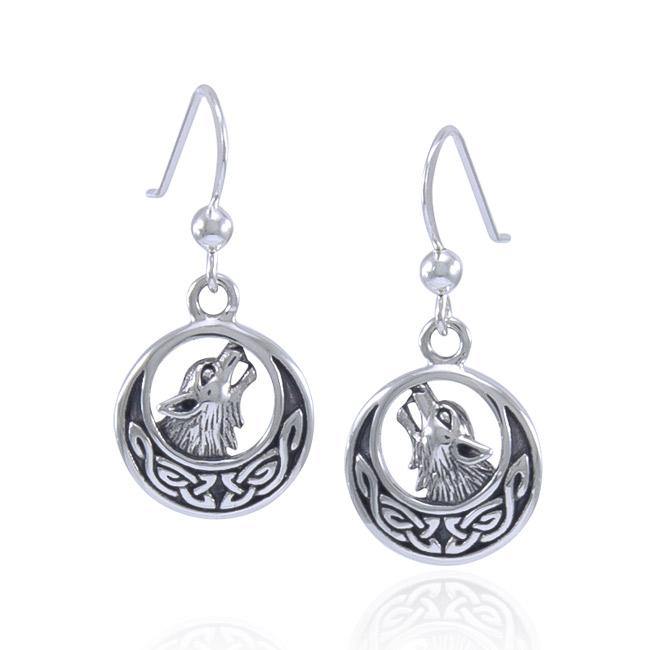 Celtic Crescent Moon With Wolf Sterling Silver Earrings TER1493