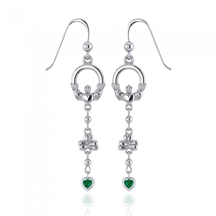 Celtic Claddagh Shamrock Emerald Glass Hearts Sterling Silver Earrings TER153