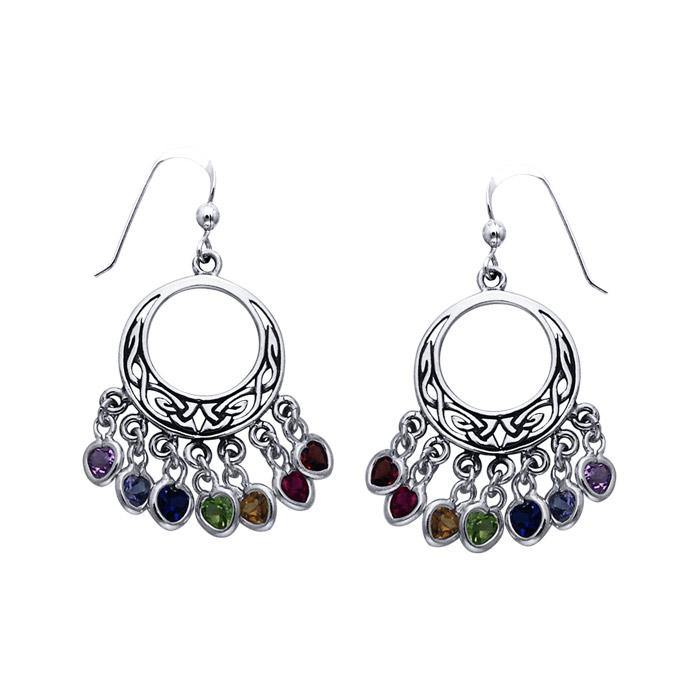Celtick Knotwork Sterling Silver Hook Earrings with Dangling Chakra Gemstones TER163