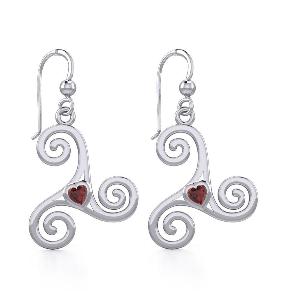 Celtic Spiral Triskele Silver Earrings with Heart Gemstone TER1831