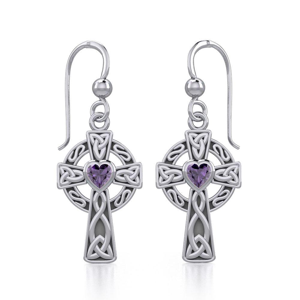 Celtic Cross Sterling Silver Earrings with Heart Gemstone TER1833