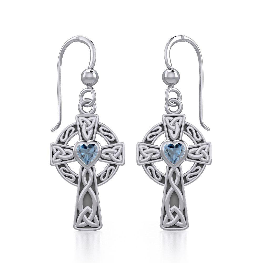 Celtic Cross Sterling Silver Earrings with Heart Gemstone TER1833
