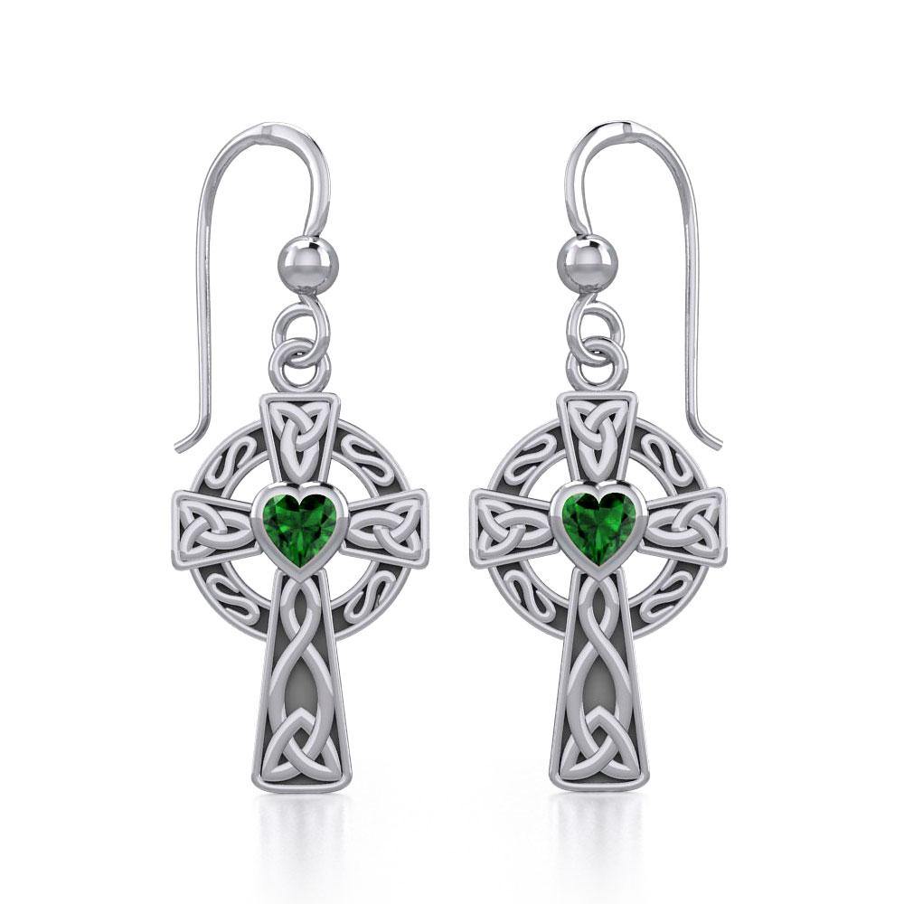 Celtic Cross Sterling Silver Earrings with Heart Gemstone TER1833