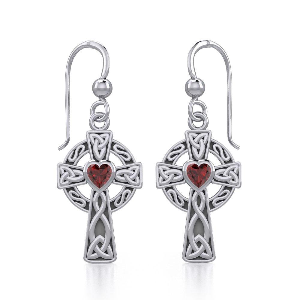Celtic Cross Sterling Silver Earrings with Heart Gemstone TER1833