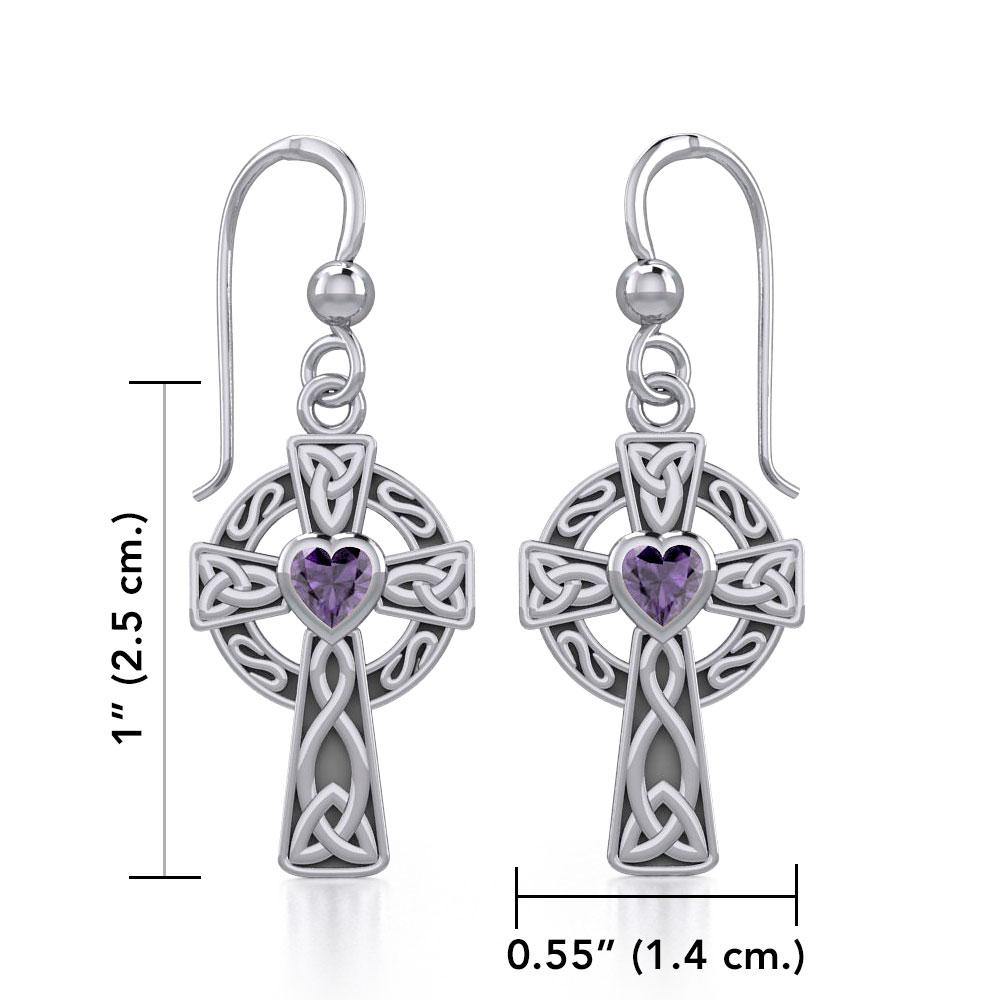 Celtic Cross Sterling Silver Earrings with Heart Gemstone TER1833