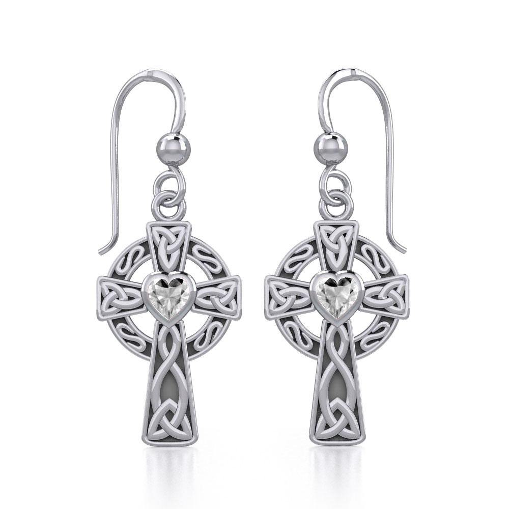Celtic Cross Sterling Silver Earrings with Heart Gemstone TER1833