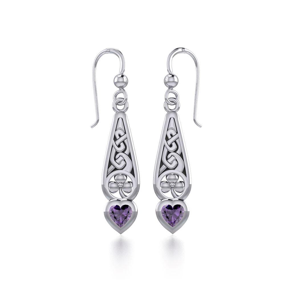 Celtic Knotwork Sterling Silver Shamrock Earrings with Heart Gemstone TER1834