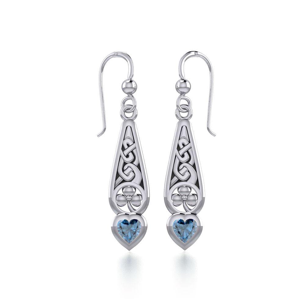 Celtic Knotwork Sterling Silver Shamrock Earrings with Heart Gemstone TER1834