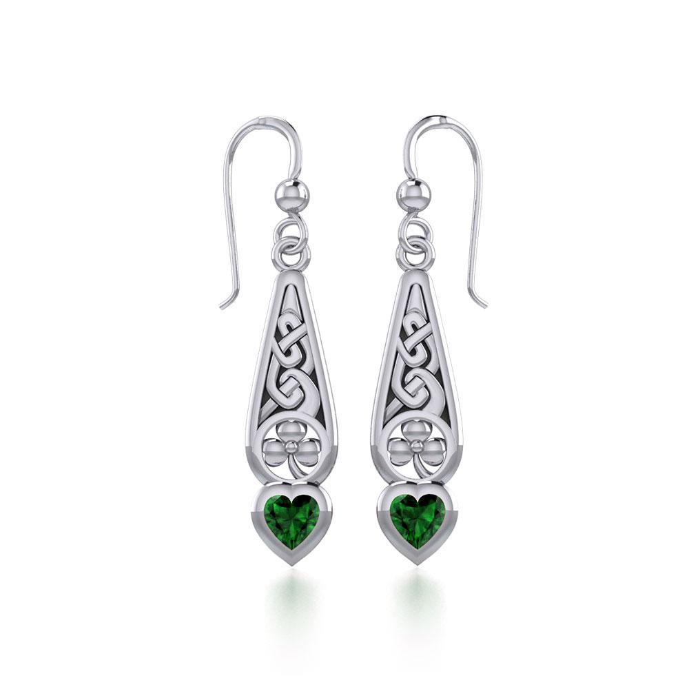 Celtic Knotwork Sterling Silver Shamrock Earrings with Heart Gemstone TER1834
