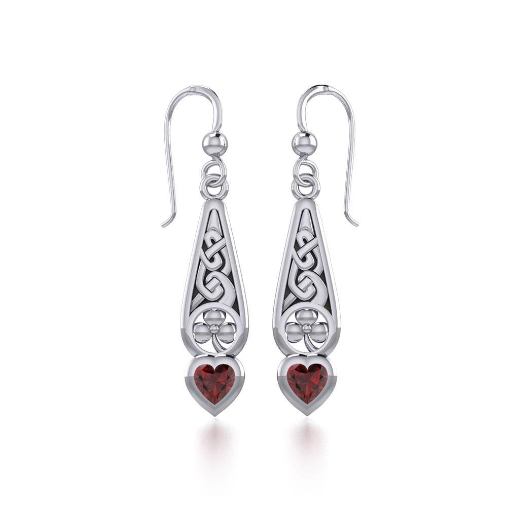 Celtic Knotwork Sterling Silver Shamrock Earrings with Heart Gemstone TER1834