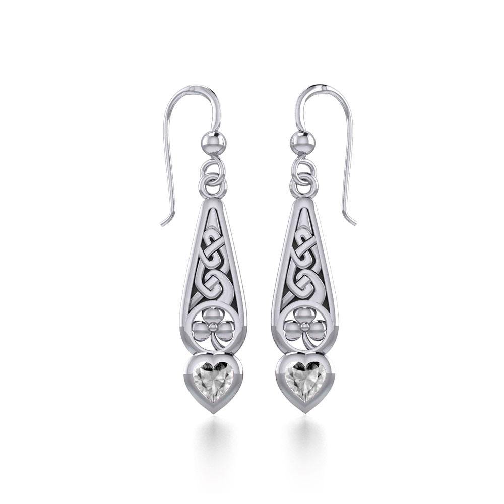 Celtic Knotwork Sterling Silver Shamrock Earrings with Heart Gemstone TER1834