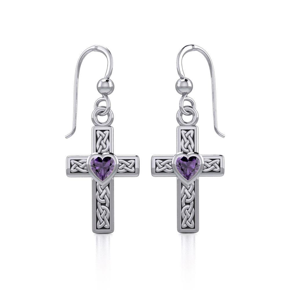 Celtic Cross Sterling Silver Earrings with Heart Gemstone TER1841