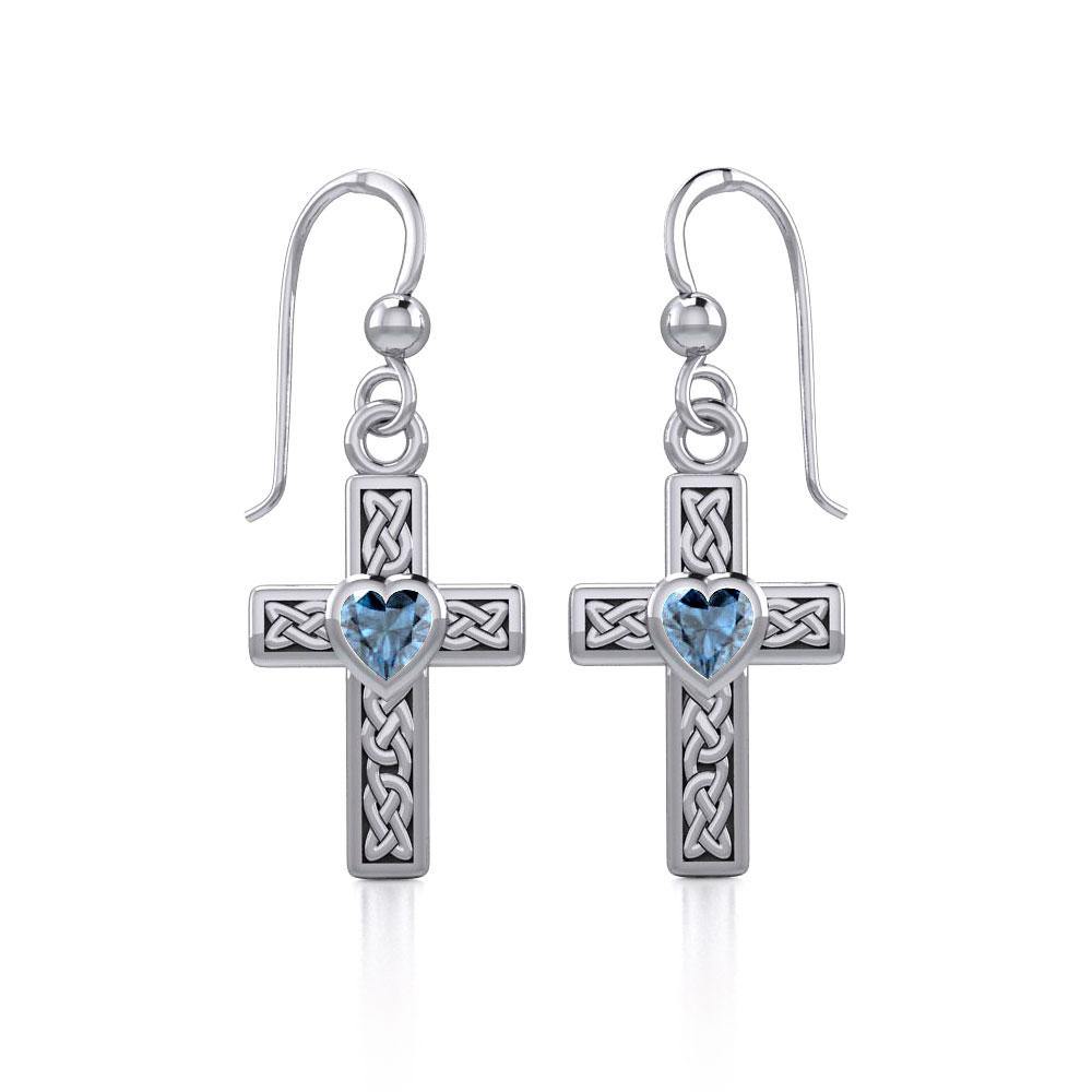 Celtic Cross Sterling Silver Earrings with Heart Gemstone TER1841