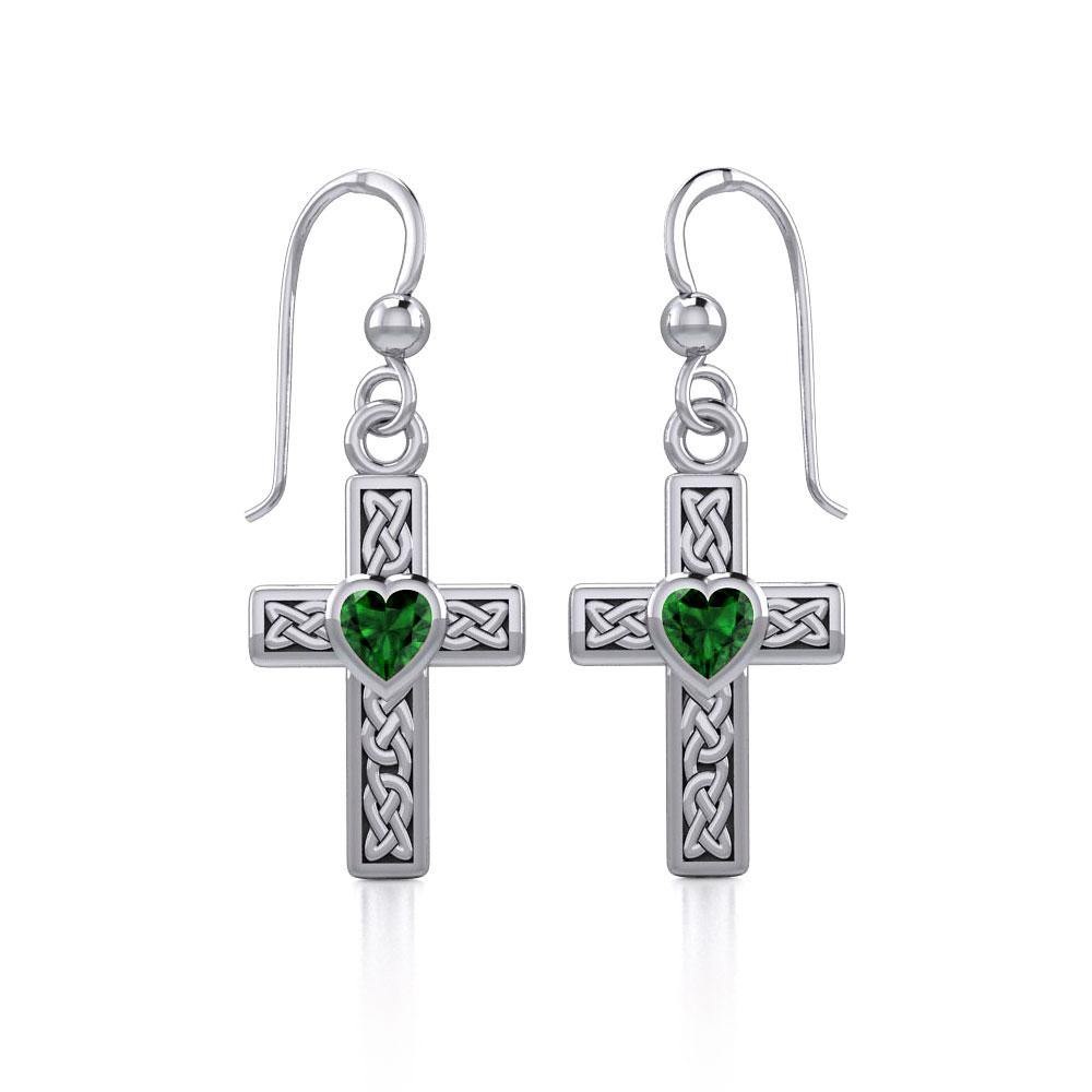 Celtic Cross Sterling Silver Earrings with Heart Gemstone TER1841