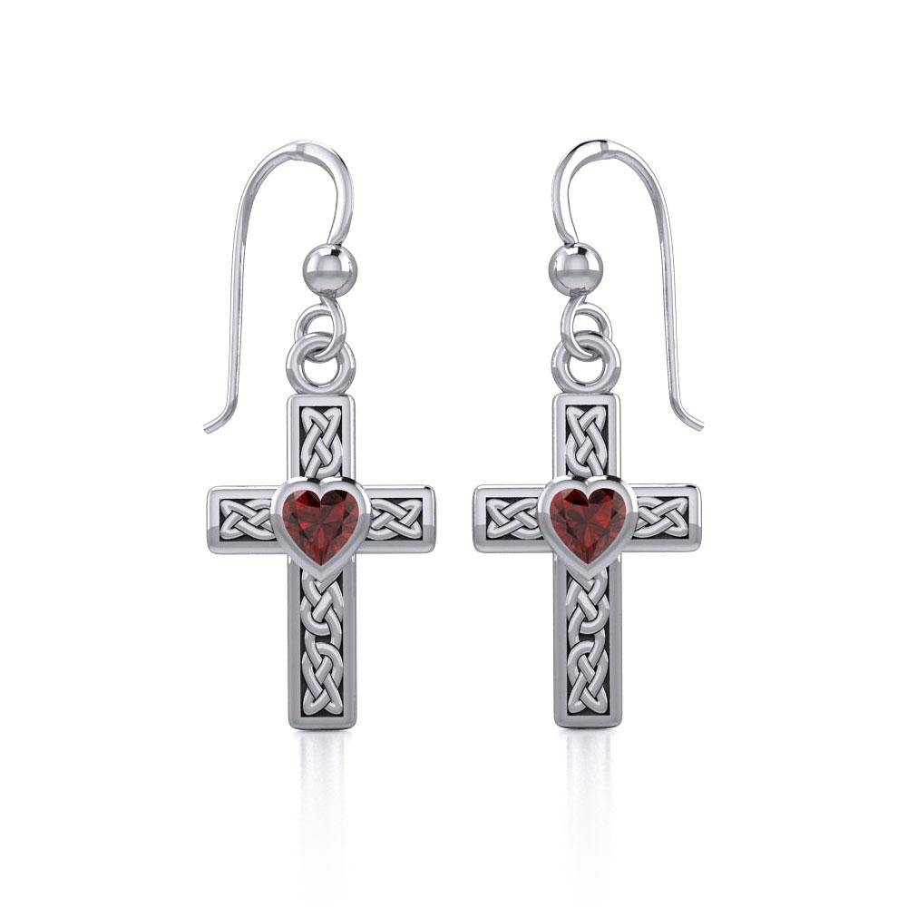Celtic Cross Sterling Silver Earrings with Heart Gemstone TER1841