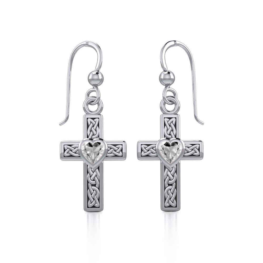 Celtic Cross Sterling Silver Earrings with Heart Gemstone TER1841