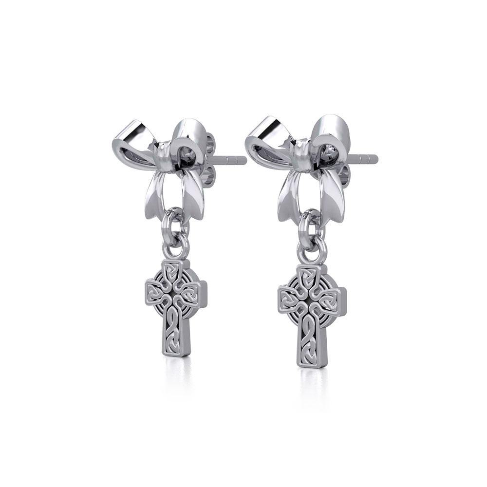 Ribbon with Dangling Celtic Cross Silver Post Earrings TER1864
