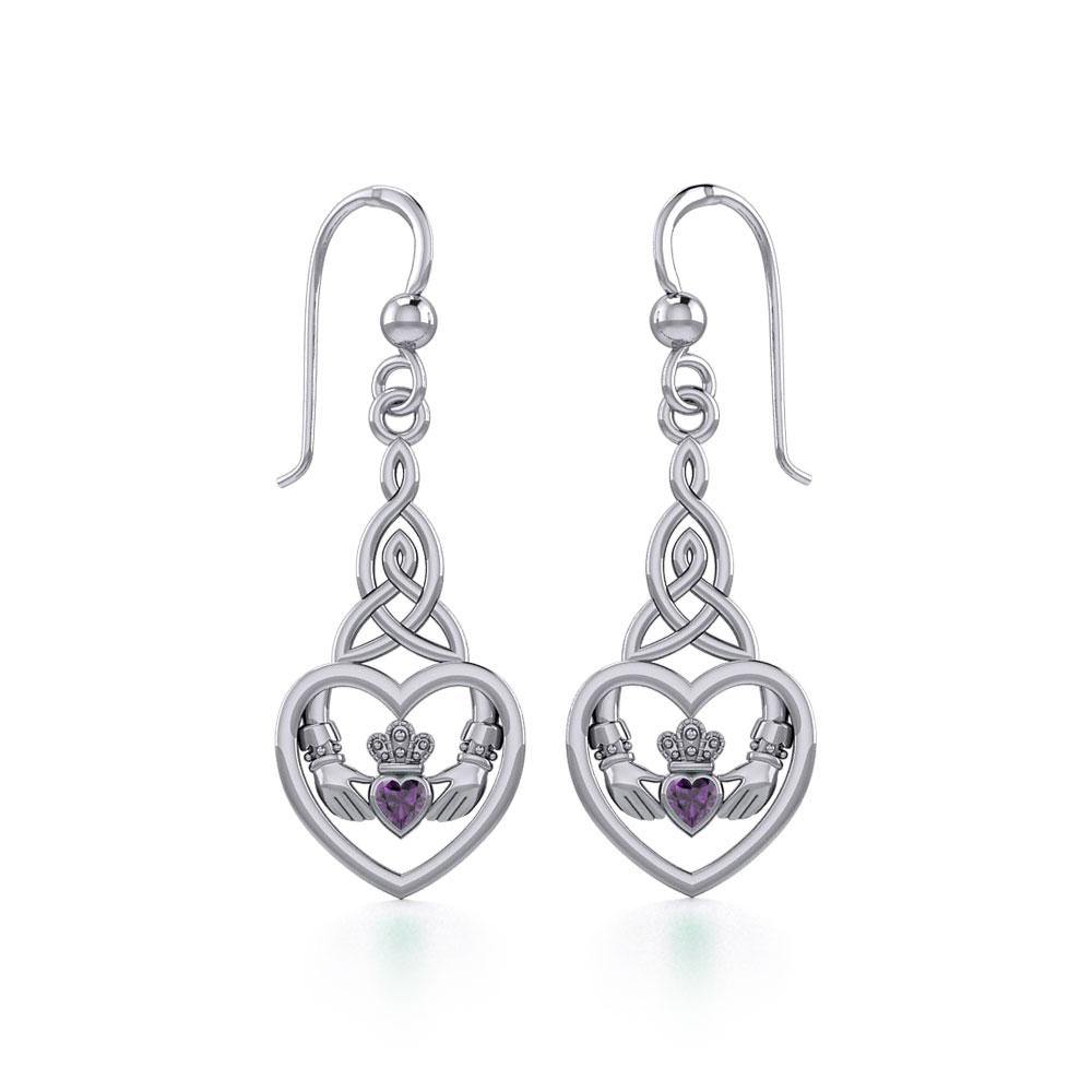 Heart Claddagh with Celtic Trinity Knot Sterling Silver Earrings with Gemstone TER1882
