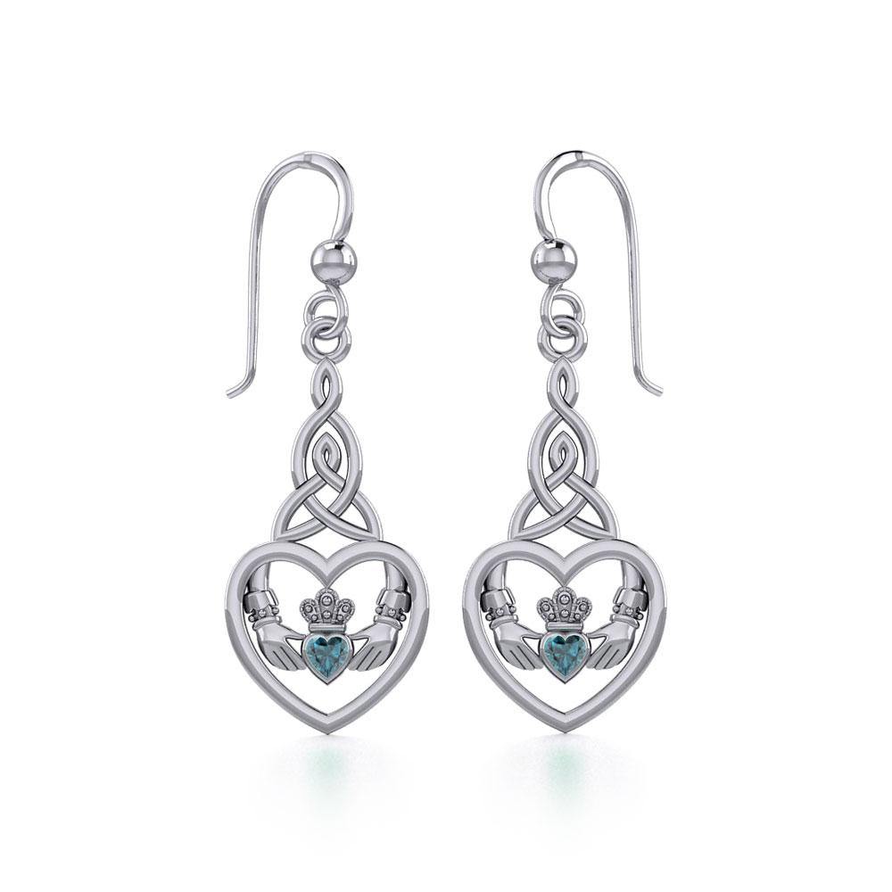 Heart Claddagh with Celtic Trinity Knot Sterling Silver Earrings with Gemstone TER1882