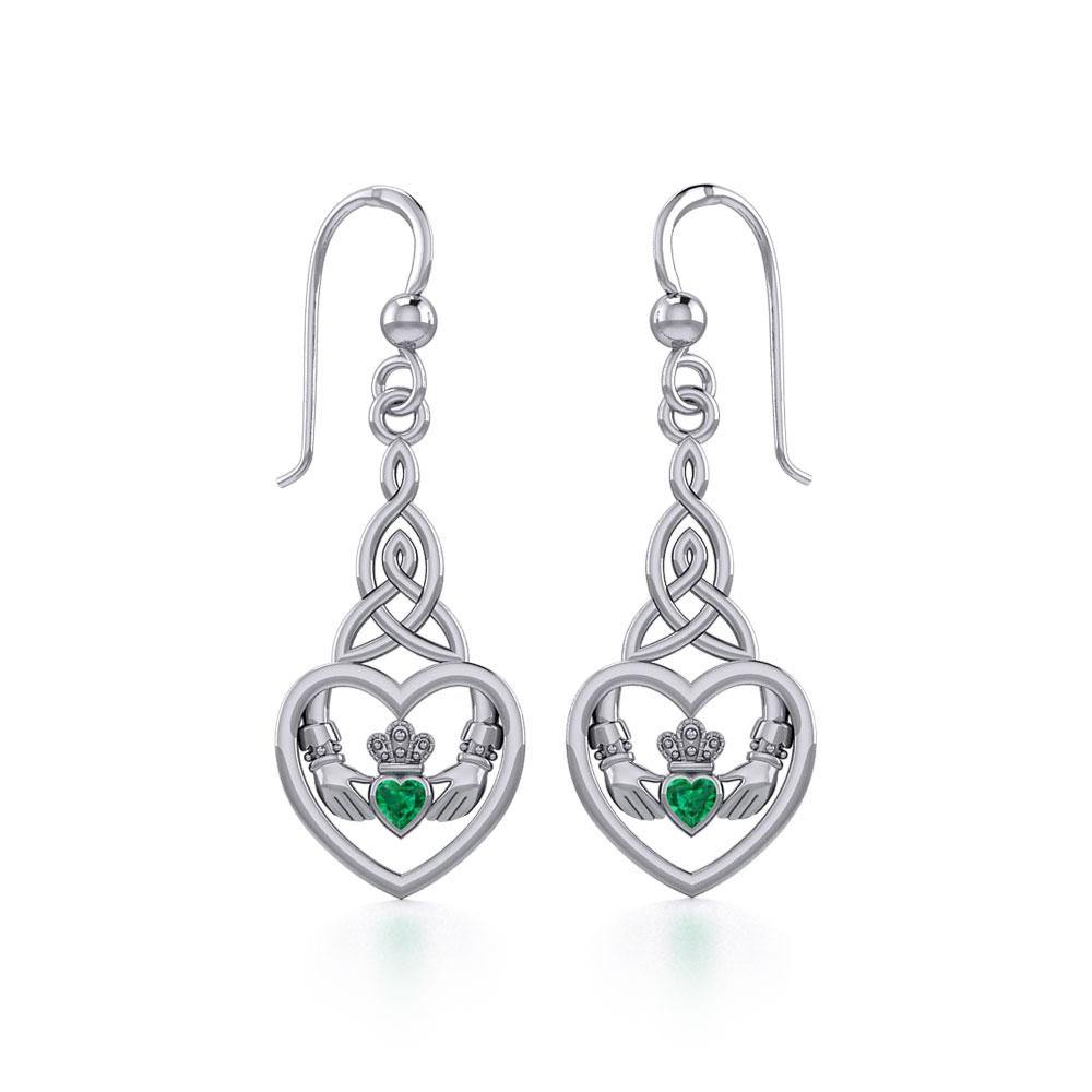 Heart Claddagh with Celtic Trinity Knot Sterling Silver Earrings with Gemstone TER1882