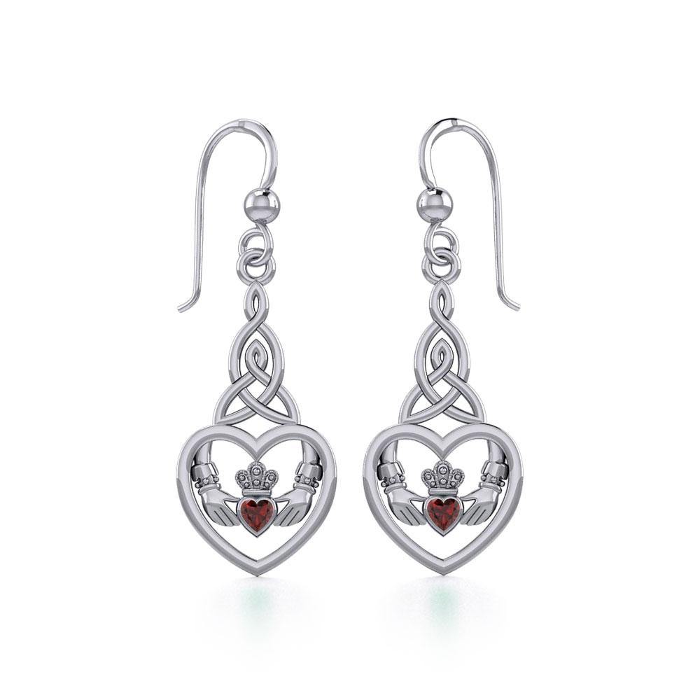 Heart Claddagh with Celtic Trinity Knot Sterling Silver Earrings with Gemstone TER1882